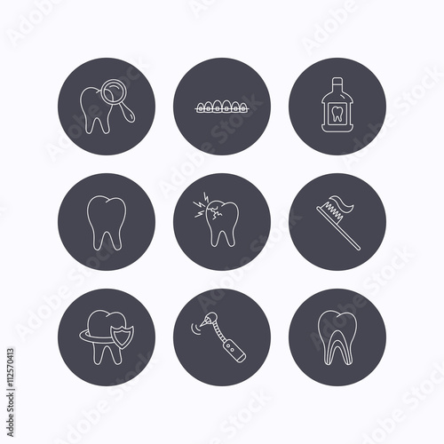 Tooth, dental braces and mouthwash icons.