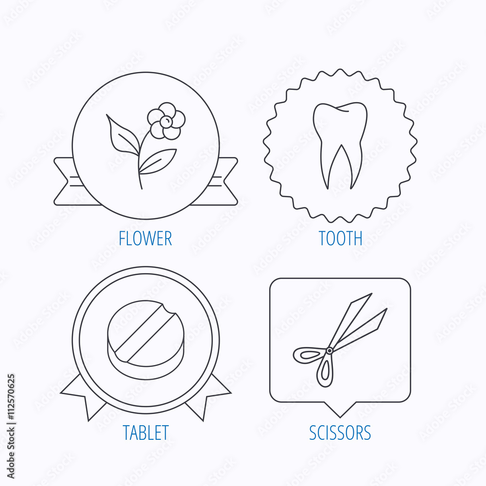 Tooth, scissors and tablet icons. Tooth, scissors and tablet icons.