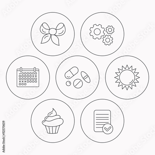 Medical pills, sun and bow-knot icons.