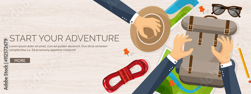 Travel and tourism. Flat style. World, earth map. Globe. Trip, tour, journey, summer holidays. Travelling,exploring worldwide. Adventure,expedition. Table, workplace. Traveler. Navigation or route