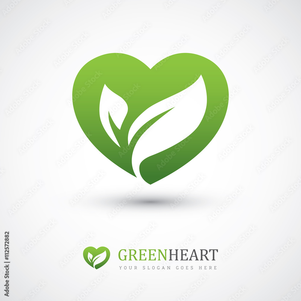 Green heart with leaves - obrazy, fototapety, plakaty 