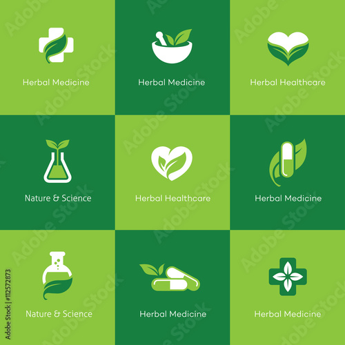 Herbal medicine icons on green background