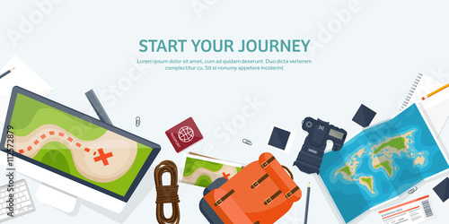 Travel and tourism. Flat style. World, earth map. Globe. Trip, tour,journey,summer holidays. Travelling, exploring worldwide. Adventure,expedition. Table,workplace. Traveler. Navigation or route