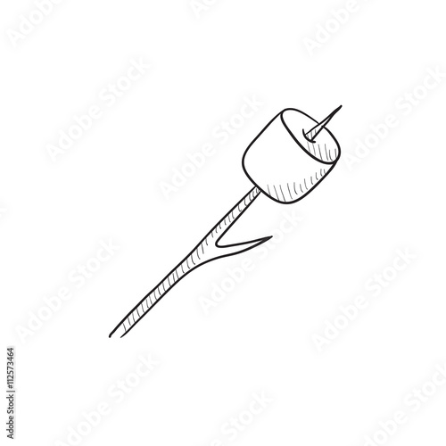 Marshmallow roasted on wooden stick sketch icon.