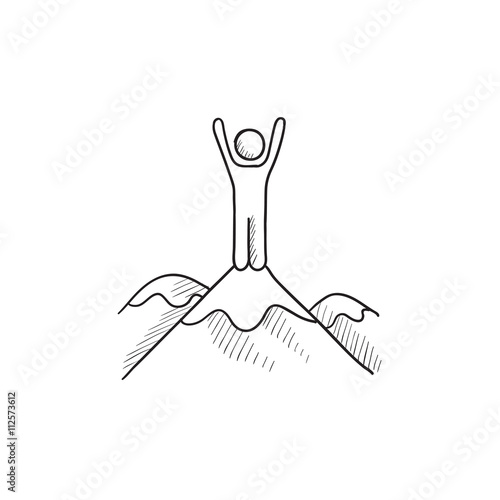 Man standing on top of mountain sketch icon.