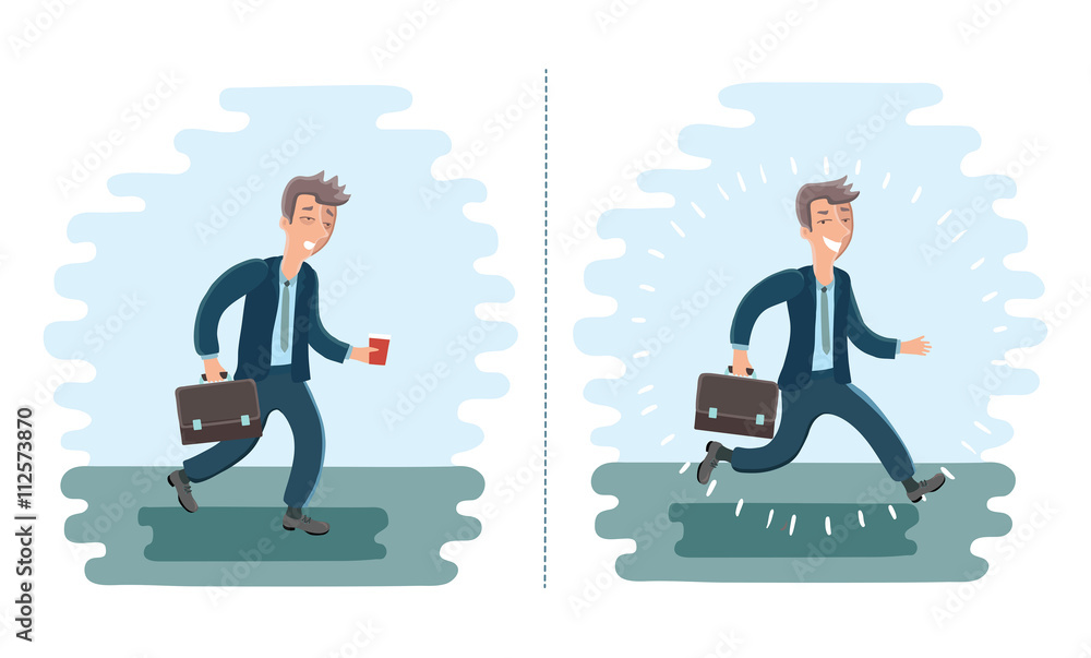 Cartoon cheerful man and exhausted man Cartoon cheerful man and exhausted man