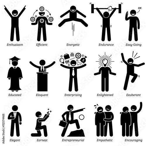 Positive Personalities Character Traits. Stick Figures Man Icons. Starting with the Alphabet E.