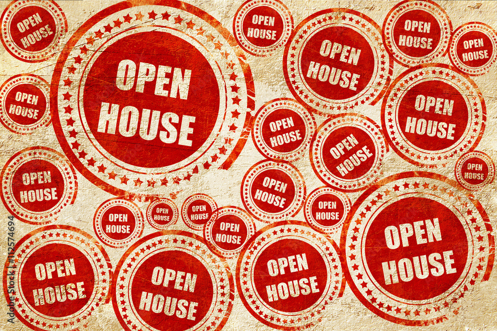 Open house sign, red stamp on a grunge paper texture
