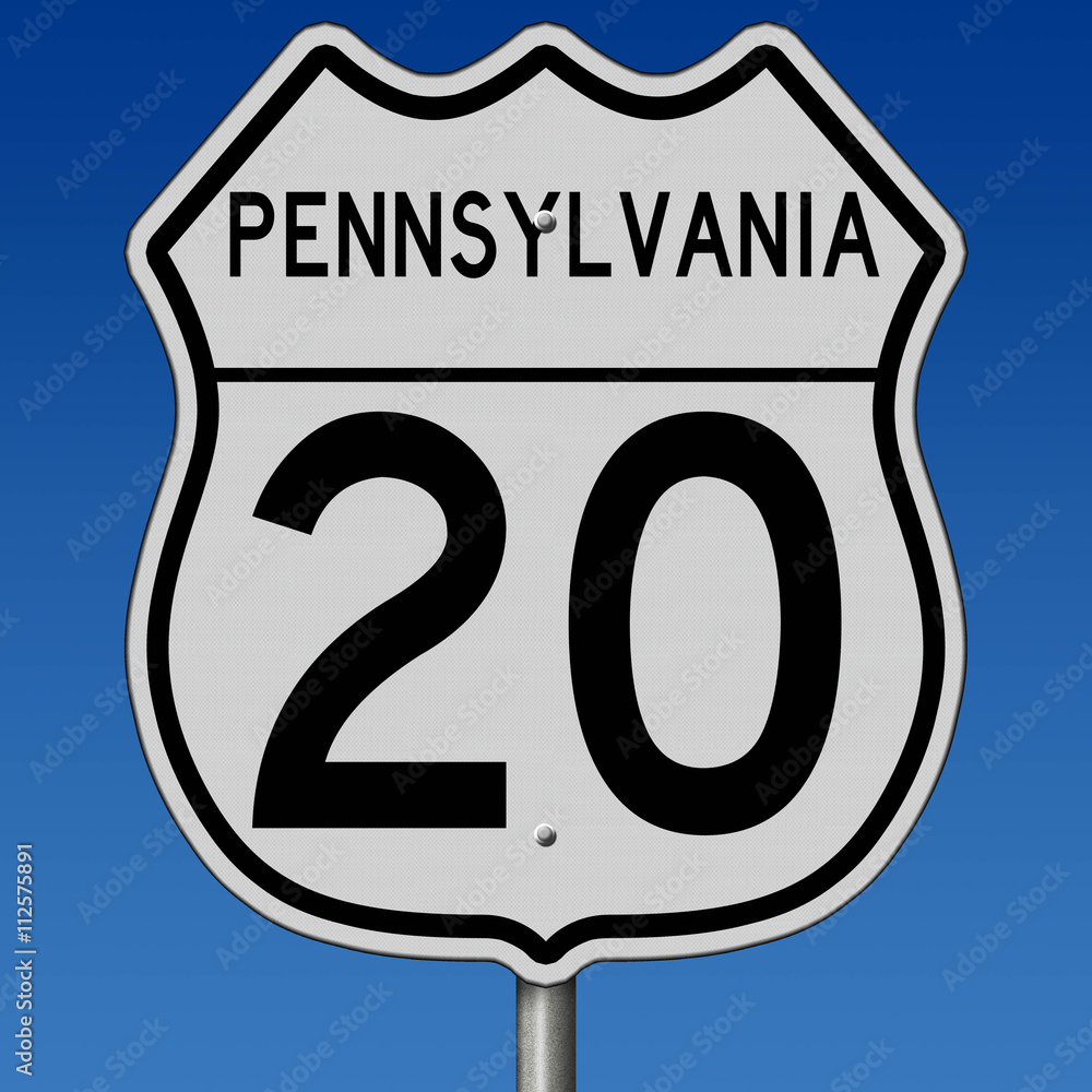 Sign for the Pennsylvania section of US Highway 20 which runs from Oregon to Massachusetts Sign for the Pennsylvania section of US Highway 20 which runs from Oregon to Massachusetts
