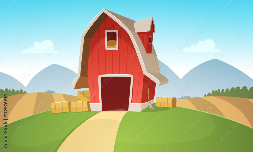 Mountain countryside landscape with red farm barn, cartoon vector illustration.