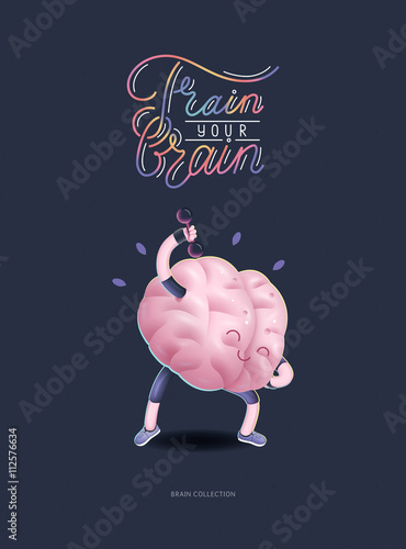 Train your brain poster - the vector illustration of a training brains activity with lettering Train Your Brain, dumbbells exercises. Part of Brain collection.