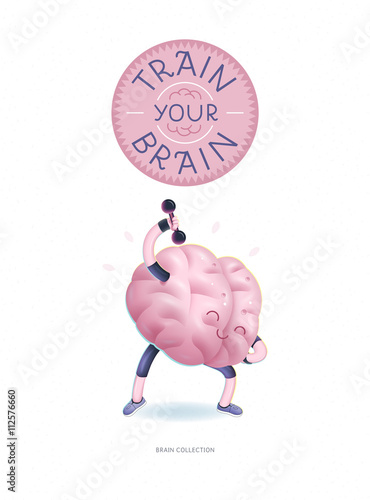 Train your brain poster - the vector illustration of a training brains activity with lettering Train Your Brain, dumbbells exercises. Part of Brain collection.