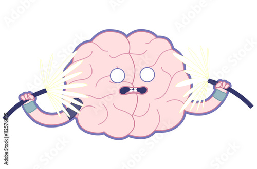 Shocked brain holding two sparking electrical cables flat cartoon illustration - train your brain series. Part of the Brain collection.
