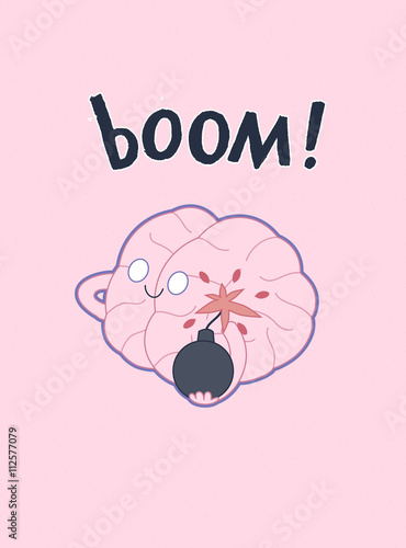 A vector outlined flat cartoon illustrated poster of a brain holding the bomb in its hands, the metaphor of patience, accompanied with a lettering Boom