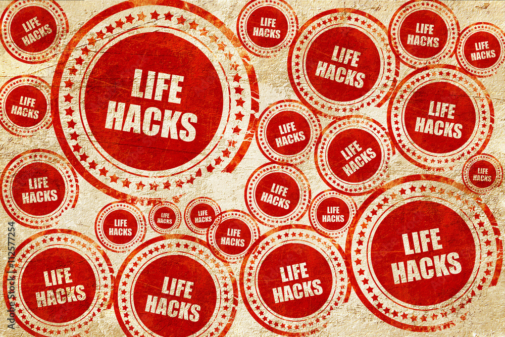 Obraz premium life hacks, red stamp on a grunge paper texture