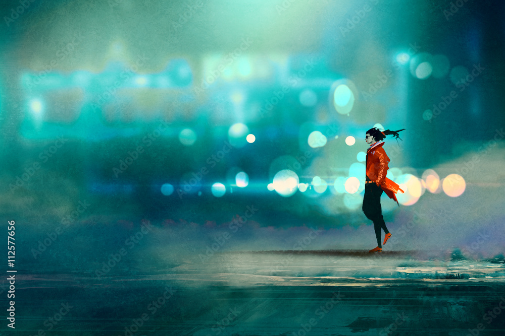 Fototapeta premium man walking at night in the city,gorgeous cold bokeh background,illustration