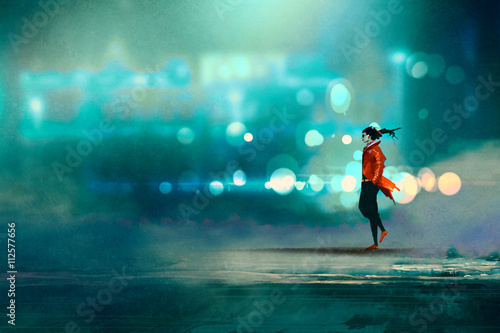 man walking at night in the city,gorgeous cold bokeh background,illustration