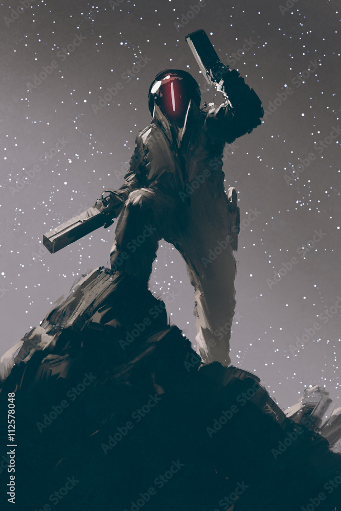 Obraz premium sci-fi gaming character in futuristic suit holding two guns,illustration
