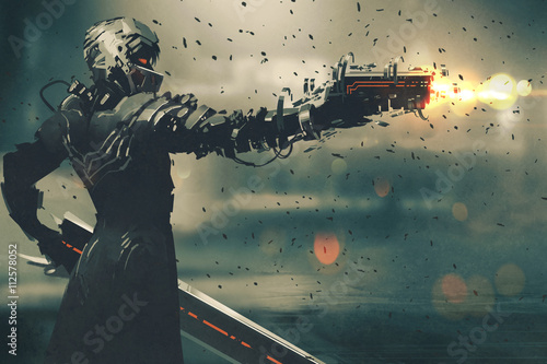 sci-fi gaming character in futuristic suit aiming weapon,shooting gun,illustration photo