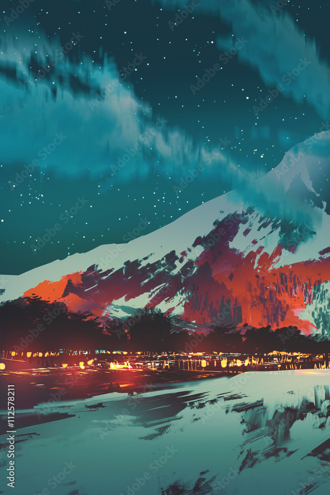 Fototapeta premium night scene of village in mountain,landscape illustration painting