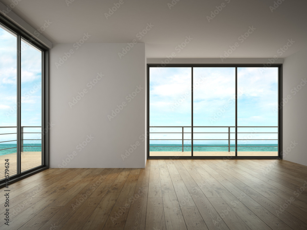 Interior of empty room with sea view 3D rendering Interior of empty room with sea view 3D rendering