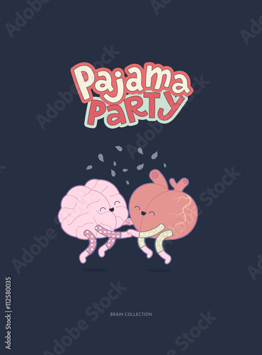 Pajama party - the vector outlined flat illustrated poster of a brain and a heart wearing pajamas jumping together holding their hands with lettering. A part of Brain collection.
