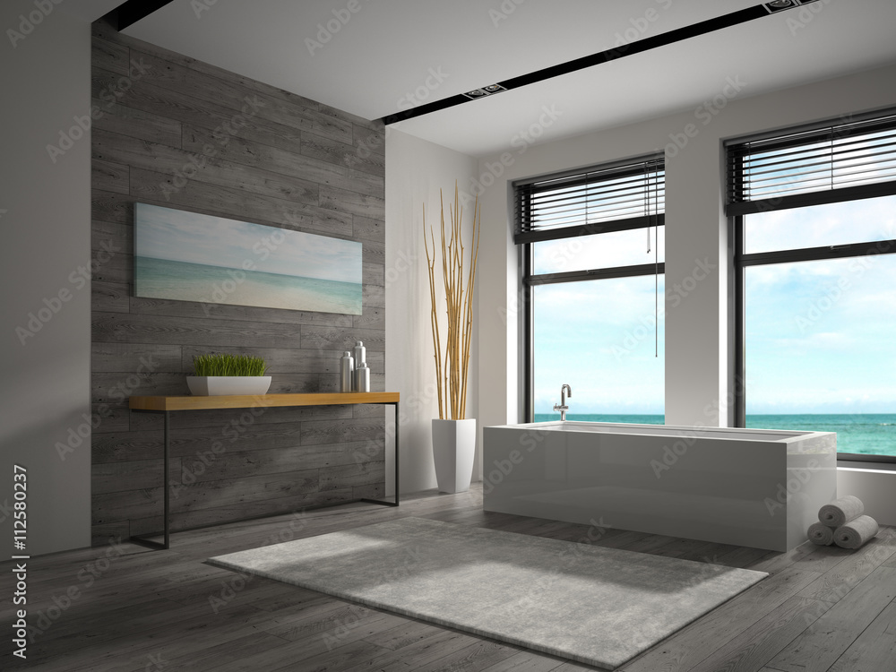 Fototapeta premium Interior of bathroom with sea view 3D rendering