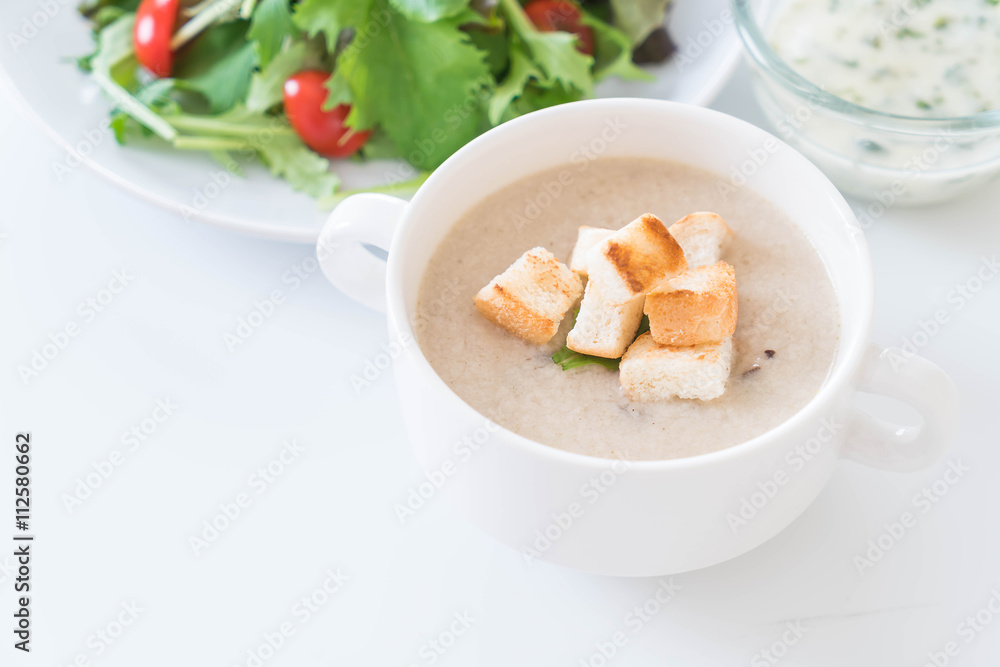 mushroom soup and bread in white ceramic cup mushroom soup and bread in white ceramic cup