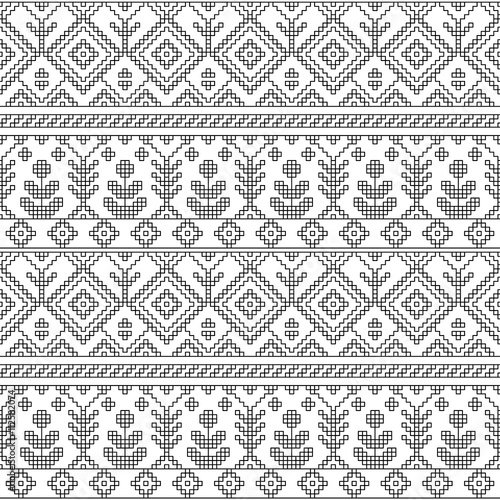 Black and white ethnic geometric floral seamless pattern, vector