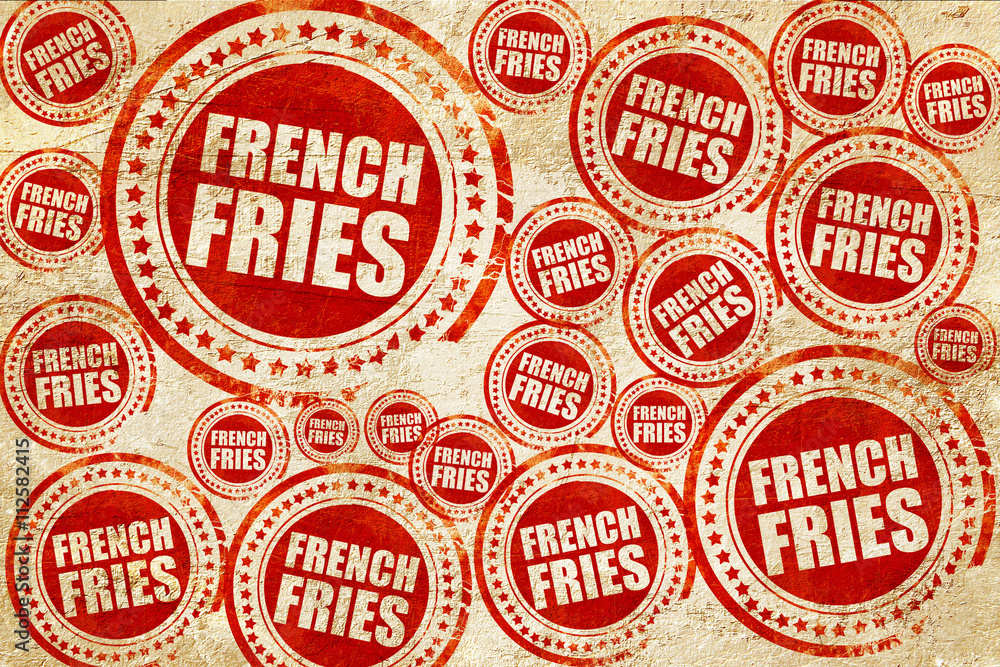 french fries, red stamp on a grunge paper texture