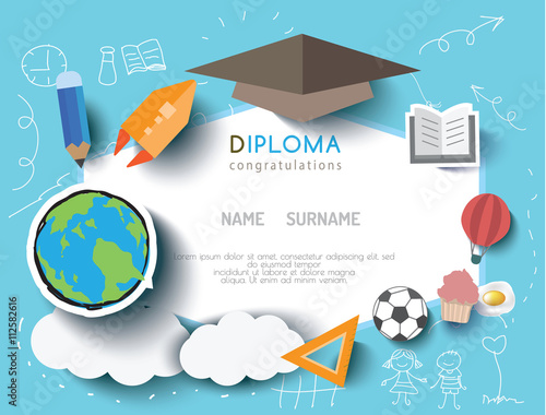 Kids diploma preschool certificate elementary school design template background. vector illustration