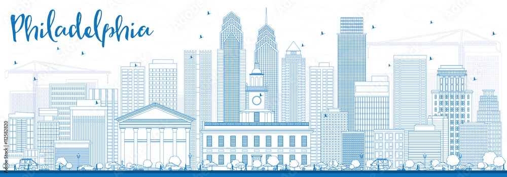Outline Philadelphia Skyline with Blue Buildings.