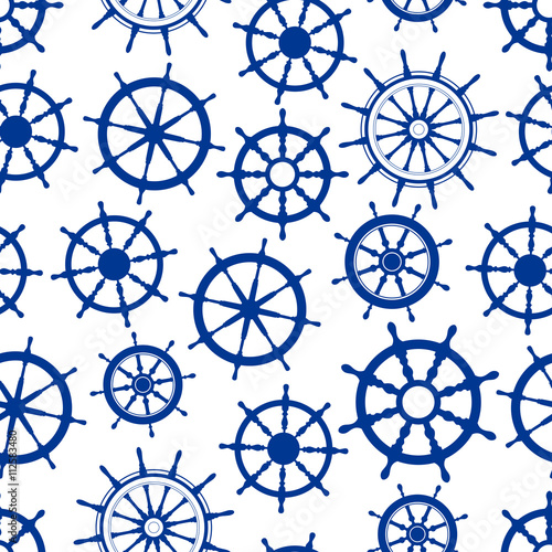 Blue sailing ships helms seamless pattern