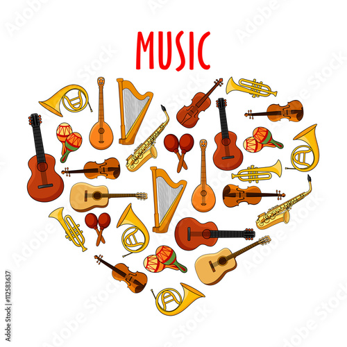 Heart with classical musical instruments symbol