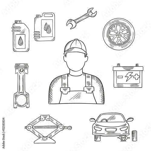 Auto mechanic profession sketch symbol