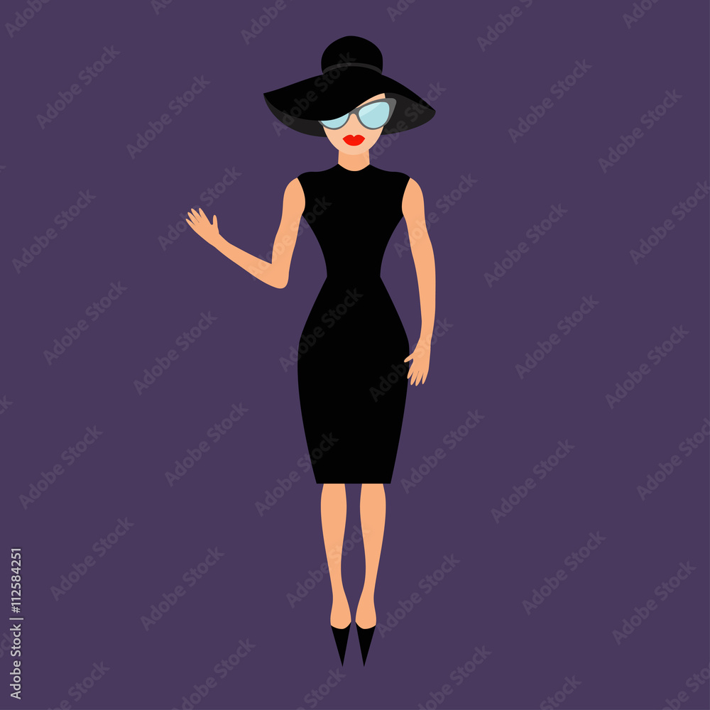 Woman in black elegant hat and sunglasses waving. Rich and beautiful  celebrity girl. Beauty fashion model face red lips. People collection Cute cartoon  character Flat Violet background Isolated Stock Vector | Adobe
