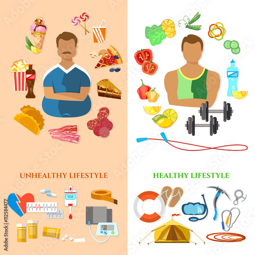 Healthy lifestyle and unhealthy lifestyle banner fat man