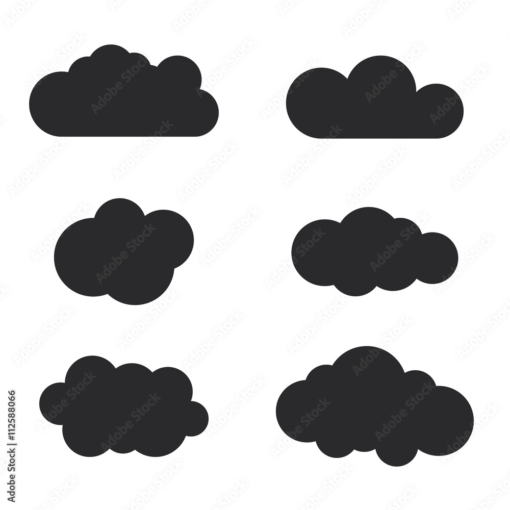 Cloud icons set. Black outline isolated on white background. Collection template elements design. Symbol of space, weather, clear and nature. Abstract signs. Flat graphic style. Vector Illustration Cloud icons set. Black outline isolated on white background. Collection template elements design. Symbol of space, weather, clear and nature. Abstract signs. Flat graphic style. Vector Illustration