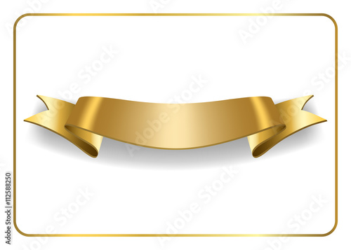 Gold satin empty ribbon. Golden blank banner. Design decoration element, isolated on white background. Vintage retro style. Template flag, greeting, card. Symbol guarantee product. Vector illustration
