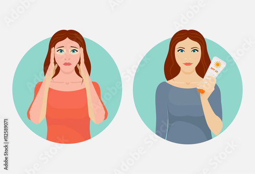 Upset woman with a sunburn versus a happy woman with a sunblock cream. Summer UV skin protection concept. Vector illustration. 
