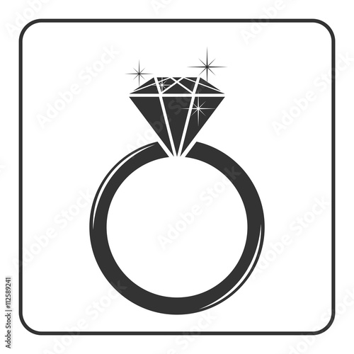 Diamond engagement ring icon. Shiny sparkle crystal sign. Black circle silhouette isolated on white background Flat fashion design element. Symbol engagement, gift, jewel expensive Vector Illustration