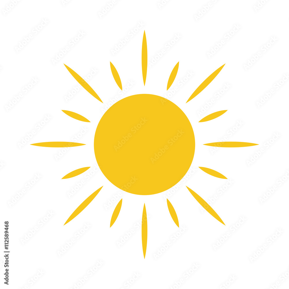 Sun icon. Light sign with sunbeams. Yellow design element, isolated on white background. Symbol of sunrise, heat, sunny and sunset, sunlight. Flat modern style for weather forecast Vector Illustration Sun icon. Light sign with sunbeams. Yellow design element, isolated on white background. Symbol of sunrise, heat, sunny and sunset, sunlight. Flat modern style for weather forecast Vector Illustration