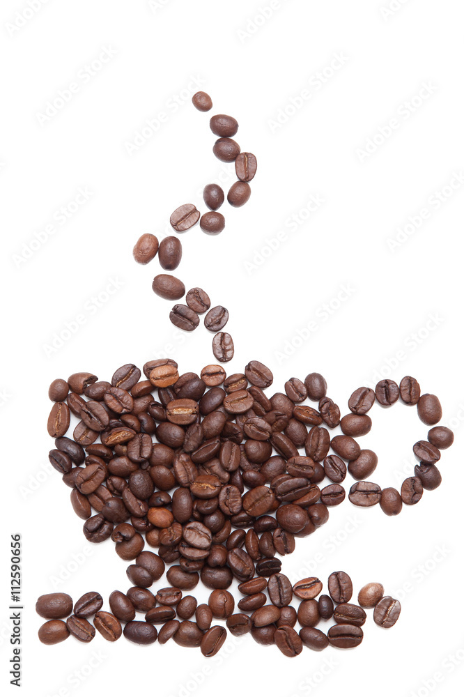 Coffe seeds make shape like a cup on white background Coffe seeds make shape like a cup on white background