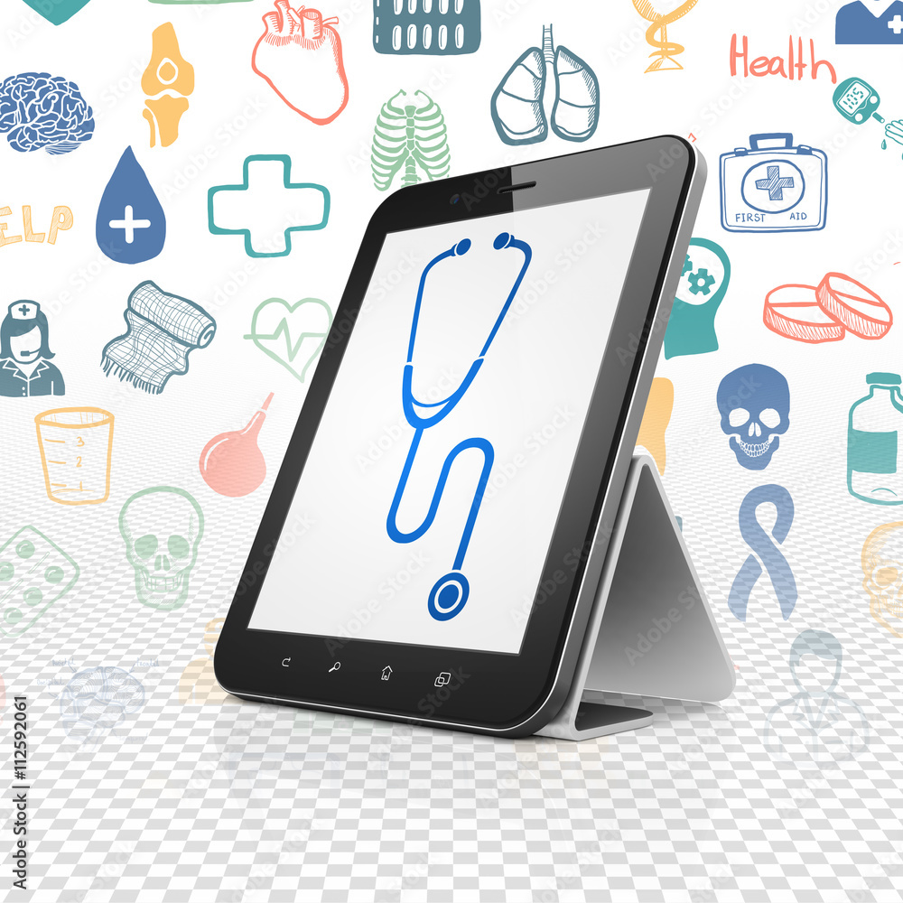 Medicine concept: Tablet Computer with Stethoscope on display Medicine concept: Tablet Computer with Stethoscope on display