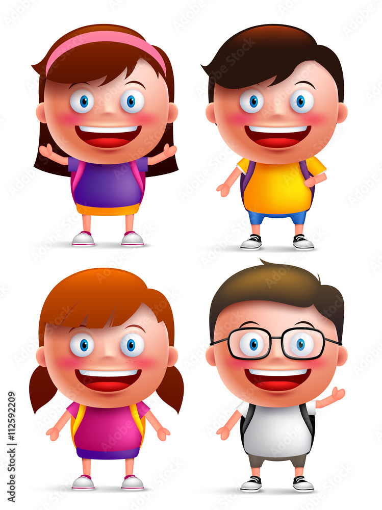 Kids students vector characters set with happy faces and hand gestures wearing backpacks for back to school isolated in white background. Vector illustration
Kids students vector characters set with happy faces and hand gestures wearing backpacks for back to school isolated in white background. Vector illustration
