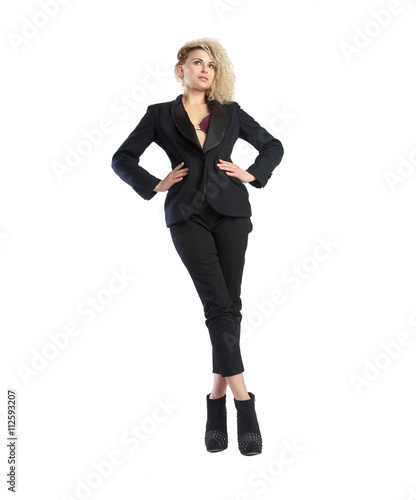 young blonde woman in black business suit