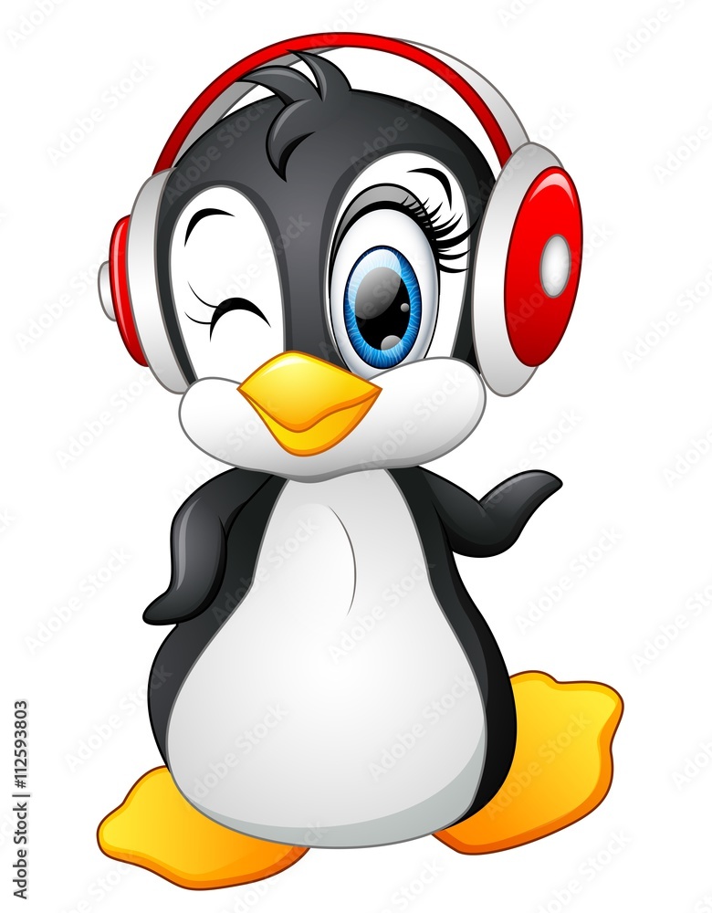 Fototapeta premium Cartoon penguin with earphone