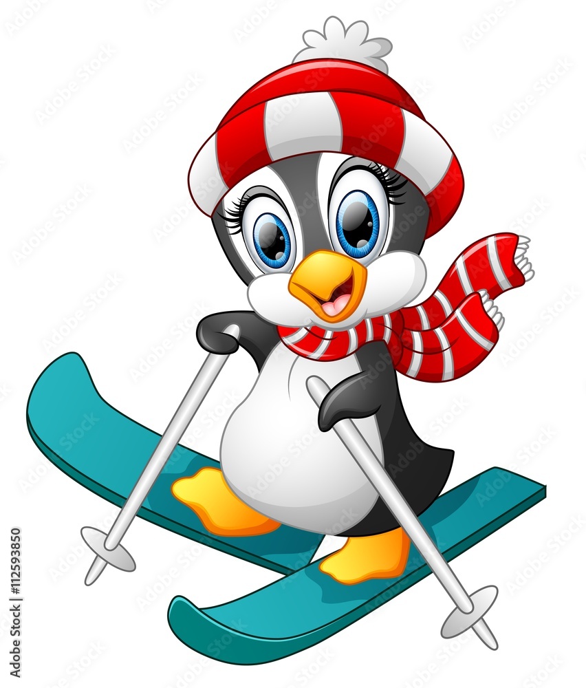 Naklejka premium Penguin cartoon skiing