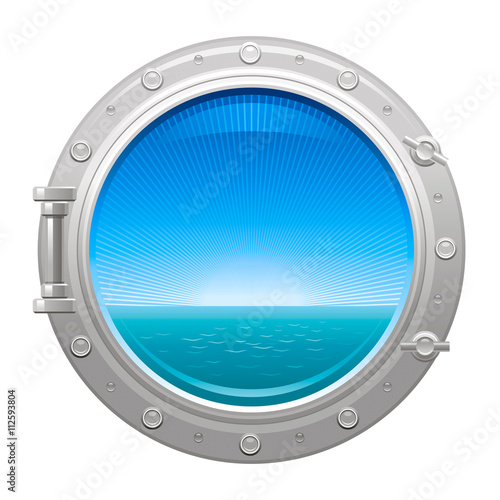 Porthole icon with sea and sky summer landscape