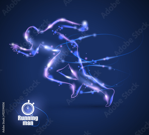 Motion design. Running Man isolated on black background. Blur and light. Vector illustration